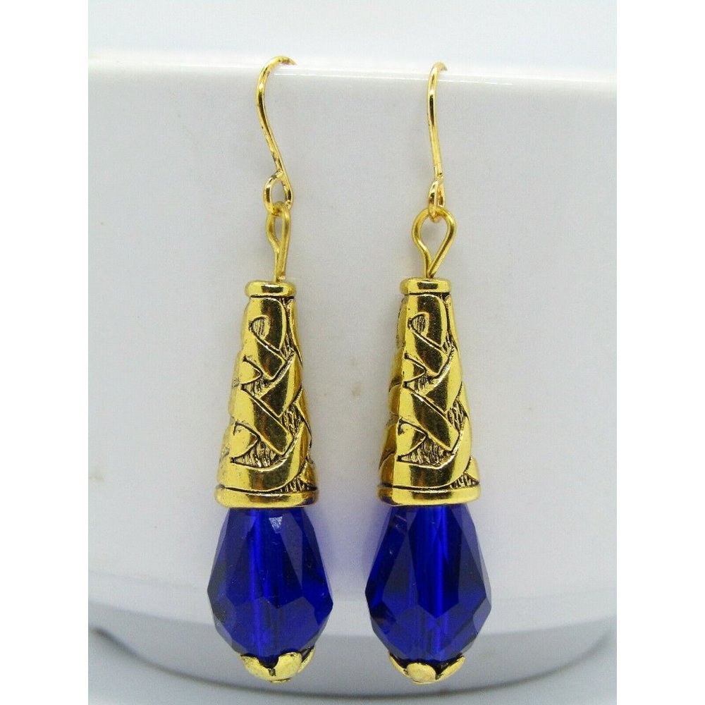 Dark Blue Teardrop Crystal Gold Earrings